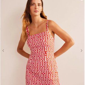 Boden Strappy Linen Mini Dress 14 XL Blood Orange Azure Geo Sleeveless Plus